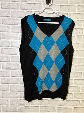 Stockhomme Classic V-Neck Argyle Sweater Vest in Black with Blue & Gray large